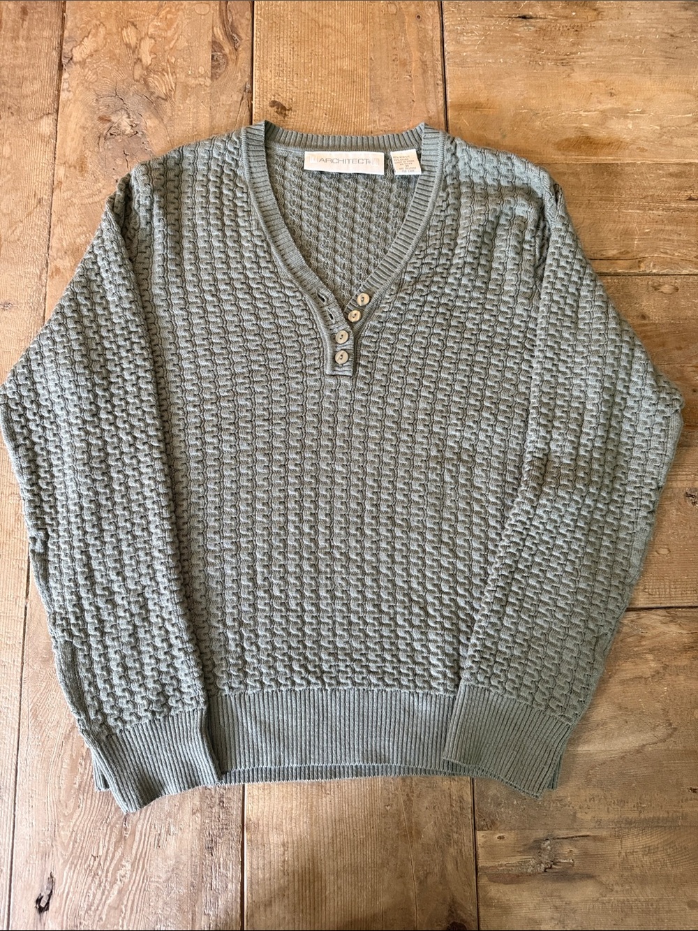 Architect Sage Green V-Neck Henley Knit Sweater